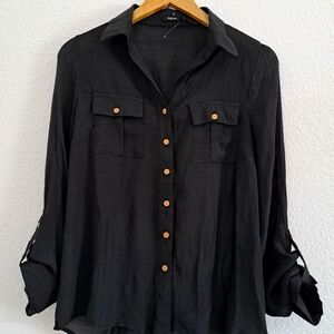 Poetry Women's Long Sleeve Black Rayon Botton Up Size L